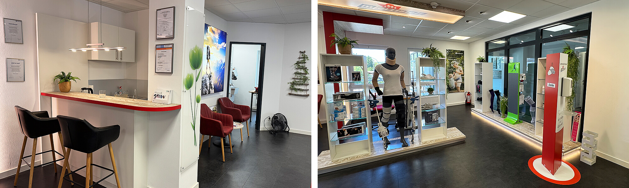Innenansicht: Eine moderne Kaffeebar für Kunden neben einem Durchgang und ein Ausstellungsbereich mit Mannequins, die Bandagen und Orthesen präsentieren.